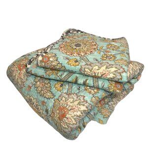 Waverly Twin Quilt With 2 Shams Blue & Gold Cotton Modern 82" X 87"